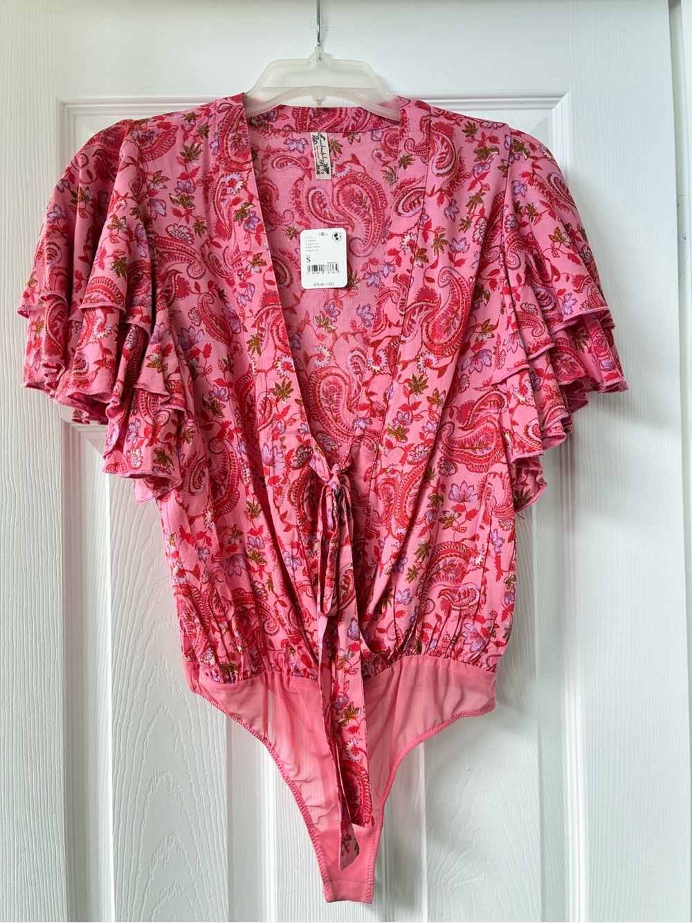 Free People Pink Paisley Tie-Front Ruffle Sleeve Bodysuit